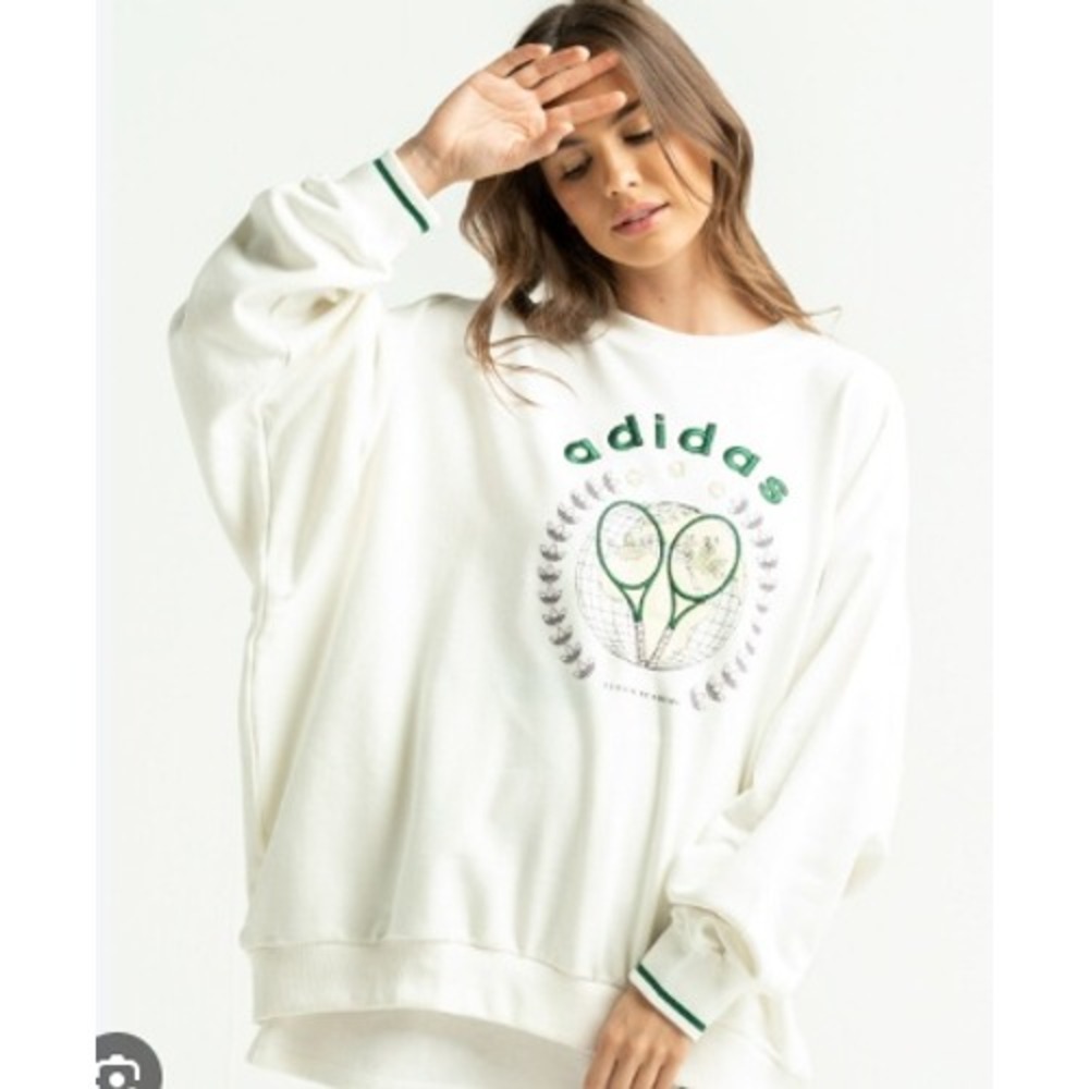 Adidas Tennis Graphic Crewneck Sweatshirt Womens XS White Oversized Sporty Chic